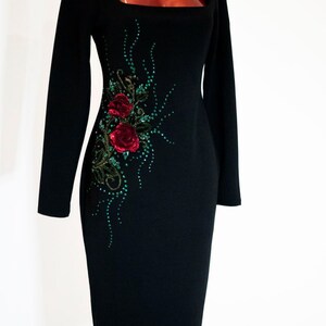 Elegant Evening Gown Black Dress with Red Rose Embellishment Floral Embroidery Dress Elegant Evening Gown Embroidered Black Gown Attire