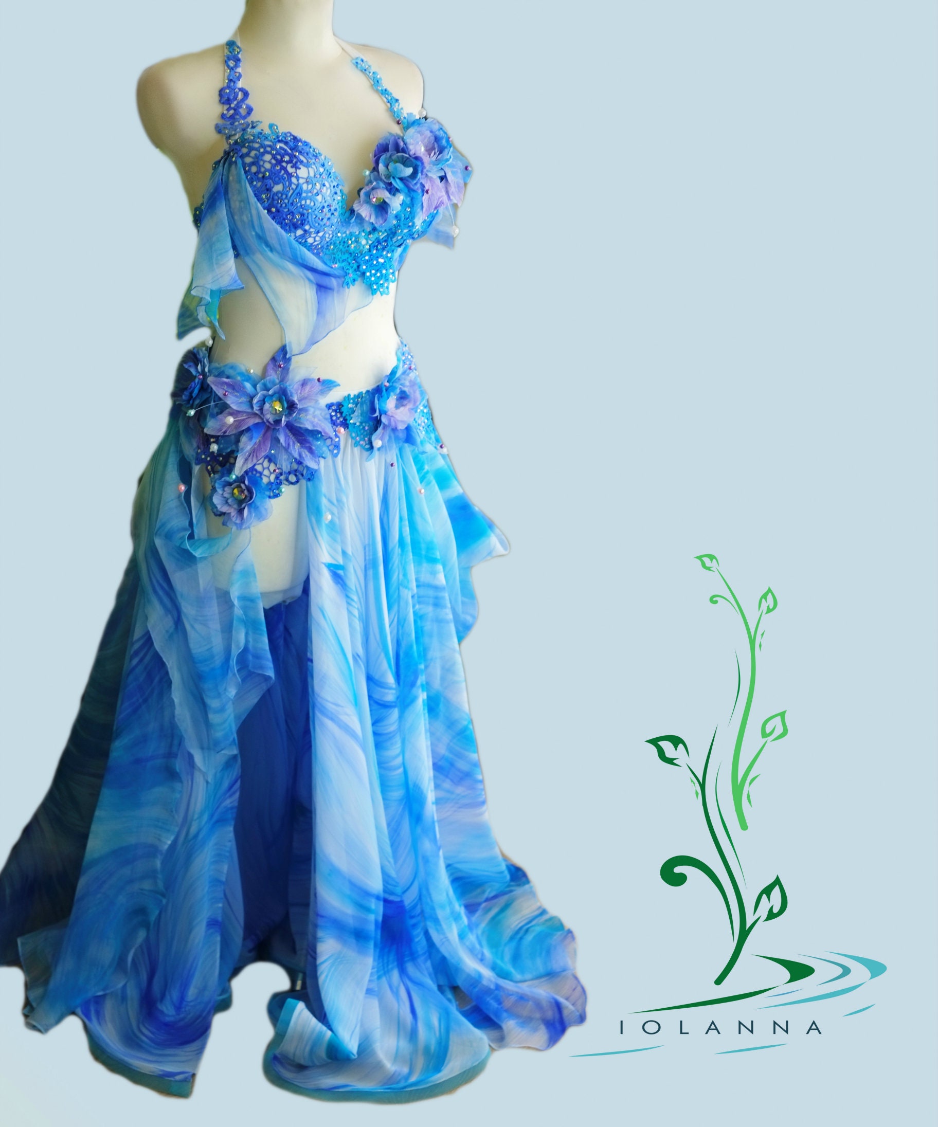 Hand Dyed Sky Blue Belly Dance Costume, Professional Dancewear With 3d