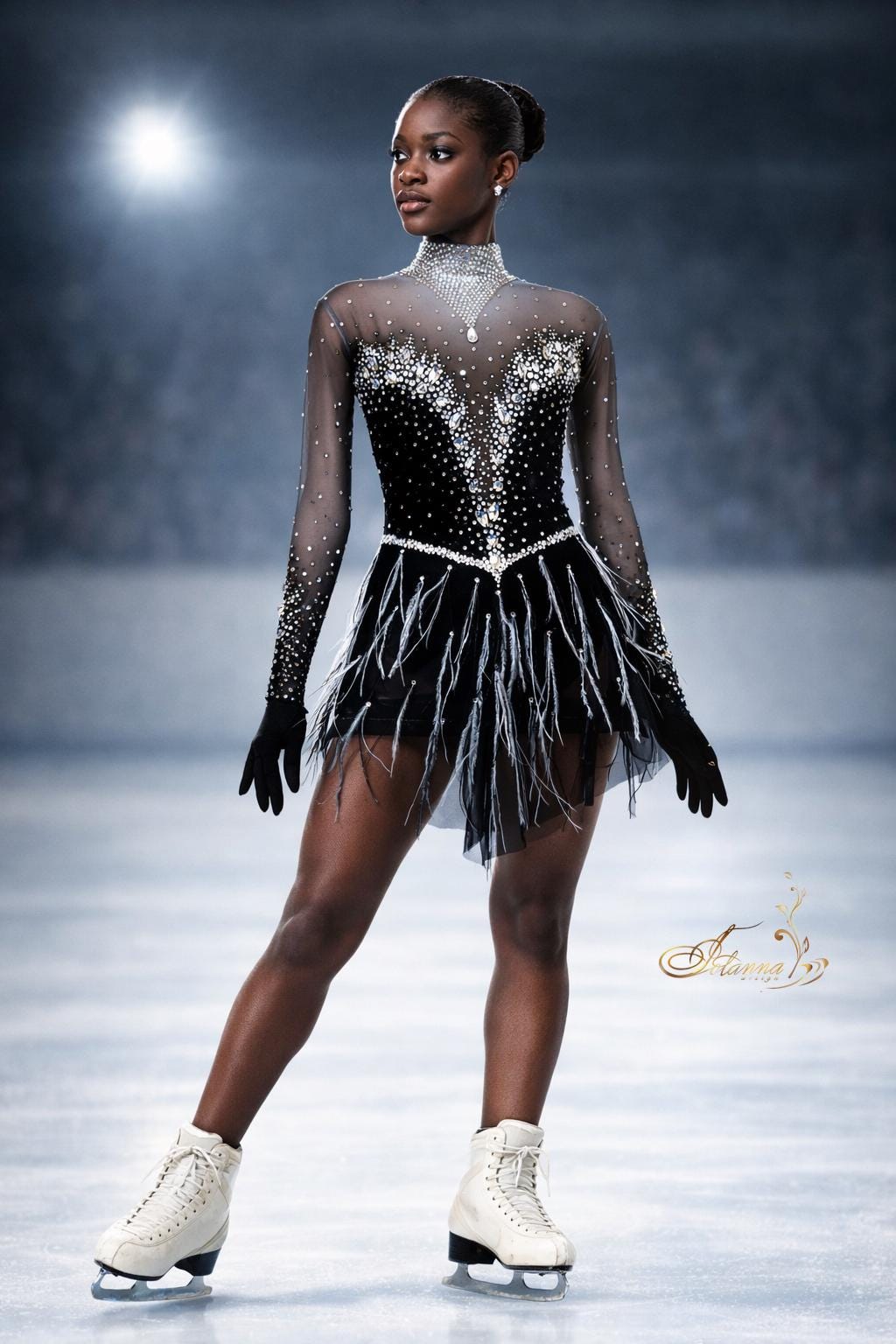 Black Figure Skating Dress With Rhinestones and Feathers, Competition Ice  Skating Costume - Etsy