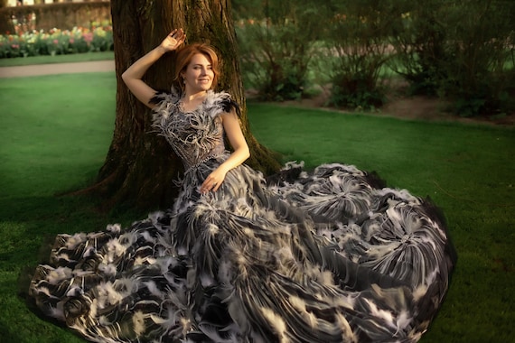 burlesque formal dresses Stormy Gray Feather Wedding Separates, Hand Painted Organza Skirt, Bodysuit Sophie