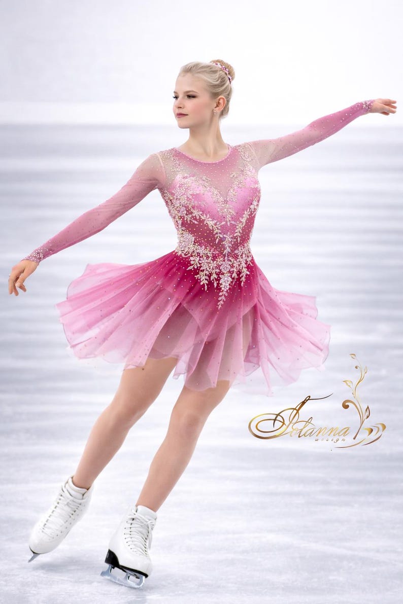 Pink Rose Ice Skating Dress: Shimmering Floral Crystals, Elegant ...