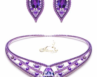 Purple Crystal Necklace & Earrings Set