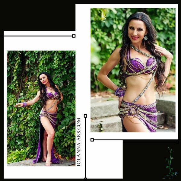 Shimmer belly dance costume, purple and gold dancewear with asymmetric straps, custom exotic slit skirt and bra, sparkling rhinestone chains