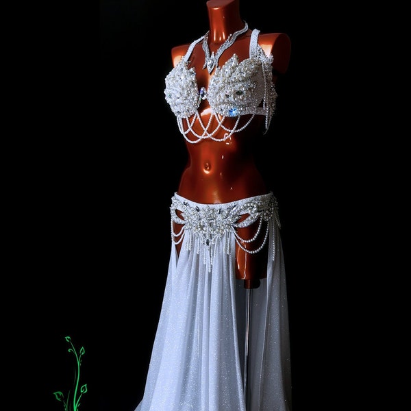 Traje de danza del vientre personalizado blanco Ropa de baile para danza del vientre Traje de danza del vientre de lujo Traje de espectáculo de danza Traje de bailarina del vientre Traje oriental