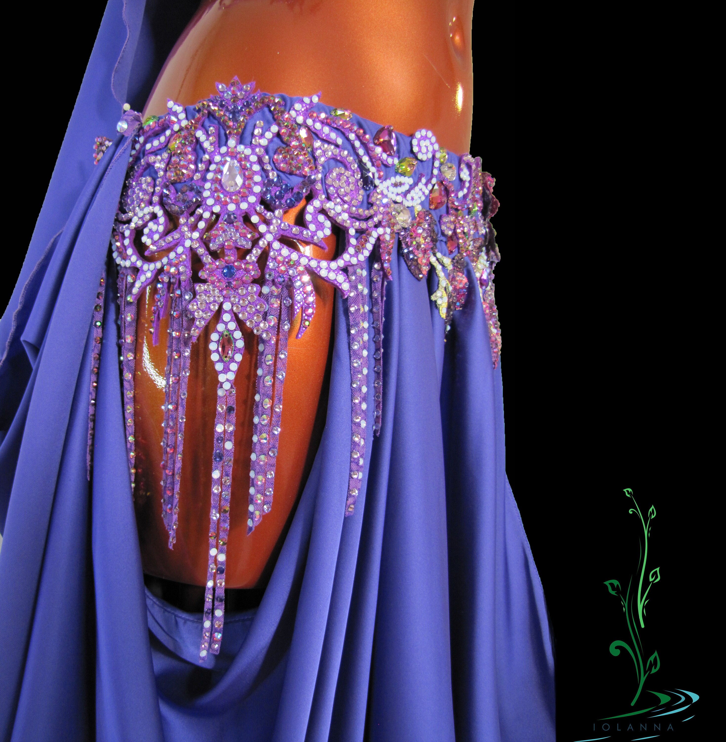 Purple Belly Dance Costume With Hip Cut Outs, Oriental Fringed Dancing