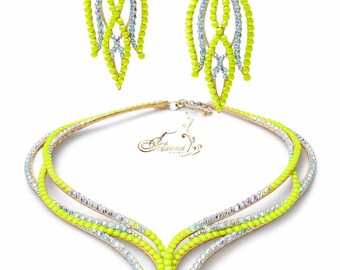 Neon Yellow Crystal Necklace, Ballroom dance Earrings Set , oriental jewelry set