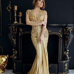 Gold luxury dress with embroidery Sparkling gold embroidered dress Exclusive hand embroidery dress Prom dress for women Haute Couture dress