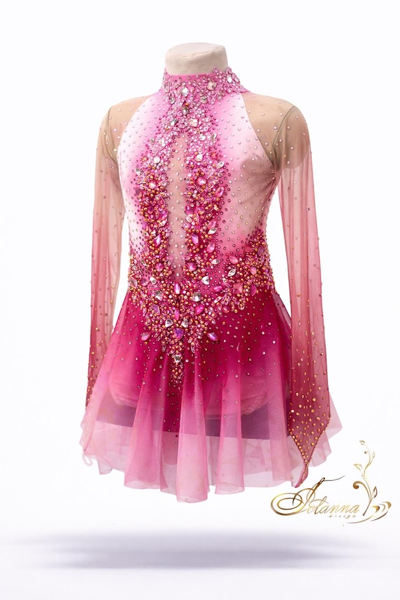 Pink Ombre Figure Skating Dress With Rhinestones, Competition Ice Skating Costume