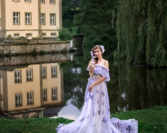 Ethereal Lilac Chiffon Butterfly Dress: Custom Prom & Photoshoot Gown