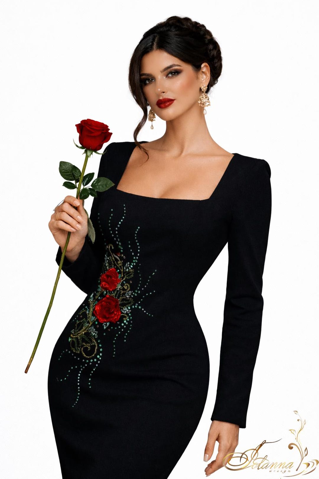 Elegant Black Evening Gown: Red Rose Embroidery, Handmade