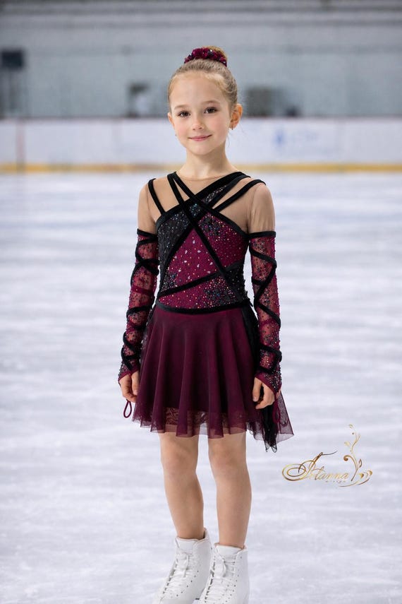 burgundy figure skating dress for Girls, Bordo Custom Ice Skating Competition Dress, Crystal Skating Costume, Elegant Rhinestone Skate Dress ss24_druzhba Romea | Black Sequin Italian Size WOMEN:IT46|XL 31 1/236