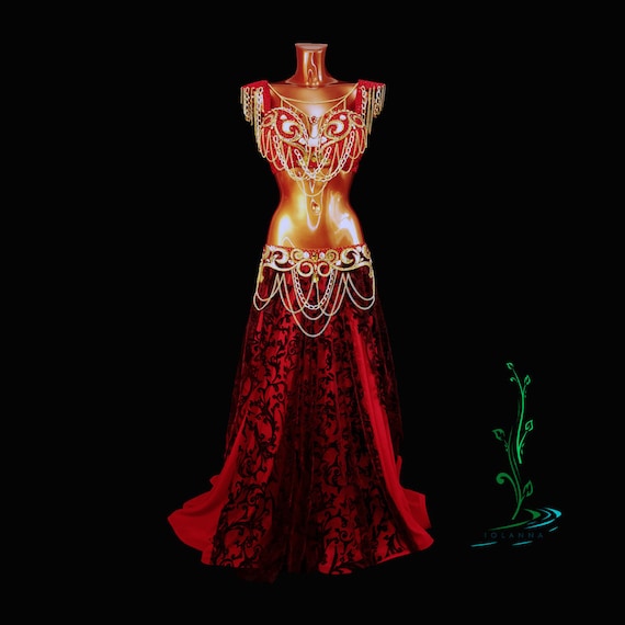 ゴールドチェーン付きベリーダンス衣装、赤いプロのベリーダンス衣装