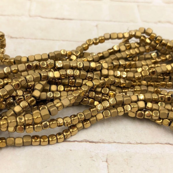 Gold Hematite Beads - Plated Cube - Gold Spacer - Full Strand