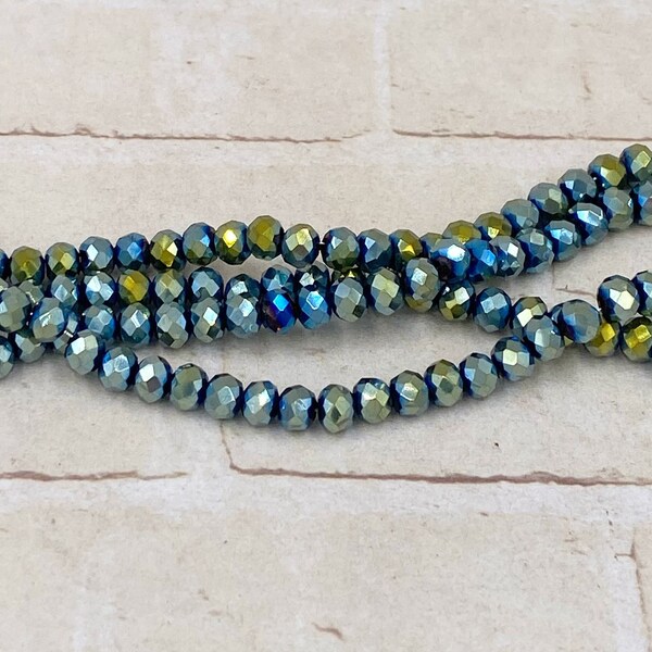 Blue Green Crystal Beads 4mm – Metallic Iris Crystal Rondelle 4x3mm – Full Strand Chinese Crystal