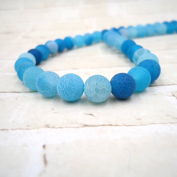 Blue Crackle Agate - Matte Veined Agate - Frosted Blue Stone - 8mm Round - FUll Strand