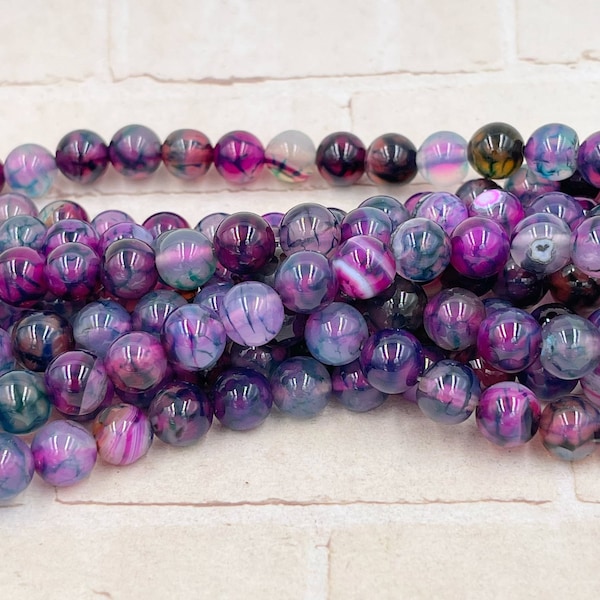 Purple Green Agate - Dragon Vein Agate - 8mm Bead - Full Strand