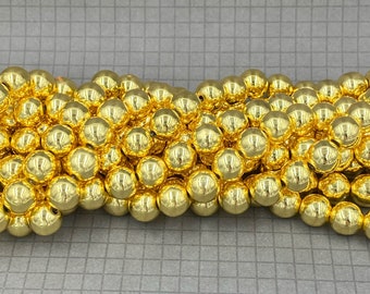 Gold Hematite Bead - Smooth 8mm Round Bead - 15.7 Inch Full Strand - Aka Electroplated Plated Coated or Titanium Hemaite