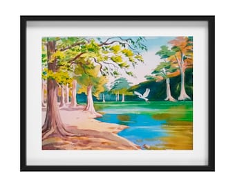 Acuarela del Parque Estatal Garner: Paisaje de cipreses tejanos (28 x 35 cm)