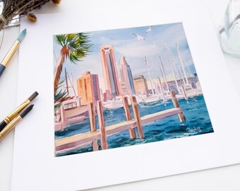 Corpus Christi Originalgemälde, Golf von Mexiko Original Aquarell 9 x 30 cm