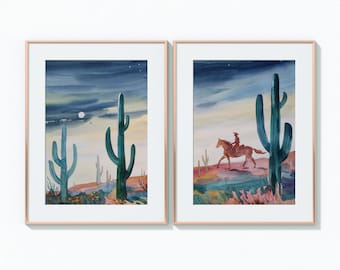 Set de acuarela de cactus saguaro: Arte paisajístico de Arizona (30 x 45 cm)