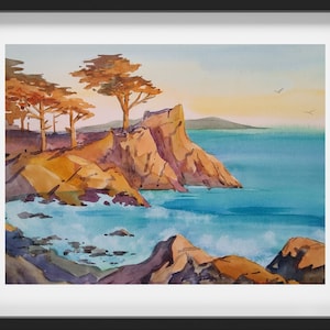 Pebble beach lone cypress tree original watercolor, California landscape painting