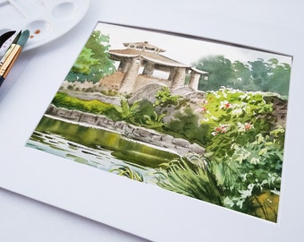 San Antonio Malerei, Original Aquarell japanischer Teegarten, Landschaftsbild, Größe: 20 x 25 cm