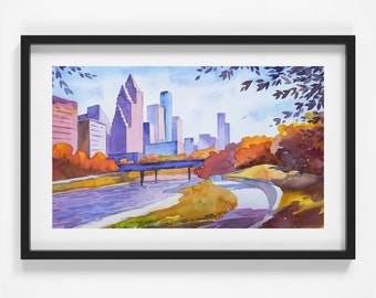Houston Original Watercolor, Watercolor Painting, Landscape art , River Walk,Size 12 x 18 inches