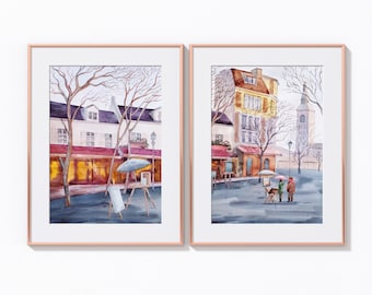 パリ・モンマルトルの水彩画セット：オリジナル風景画ウォールアート