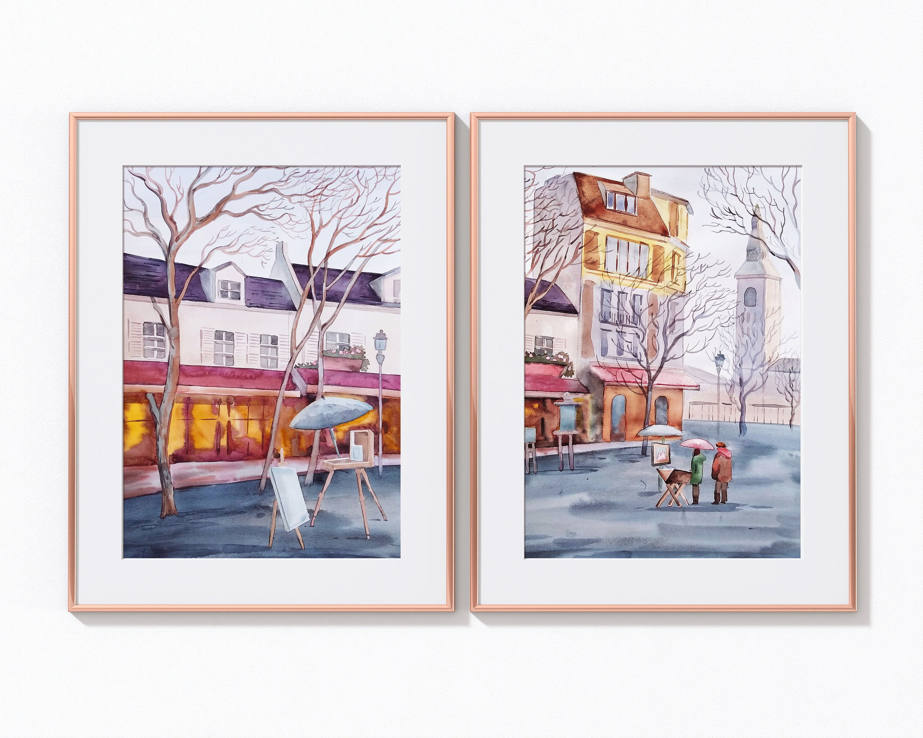 パリ・モンマルトルの水彩画セット：オリジナル風景画ウォールアート