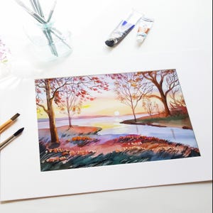 Sunset Original Watercolor Painting,  landscape wall art, size 12in x18in