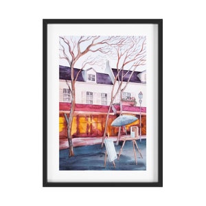 Paris original watercolor ,landscape wall art, Montmartre landscape, France.