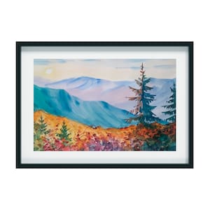 水彩画で描かれた山と湖：秋の風景画（12 x 16インチ） - Etsy 日本