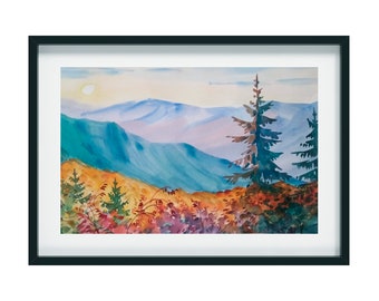 Fall Original Watercolor, Mountains Watercolor Painting,Artwork,fall painting, Size:12x18 inches