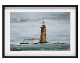 Ram Island Ledge Leuchtturm Aquarell Malerei, Maine Landschaft Wandkunst