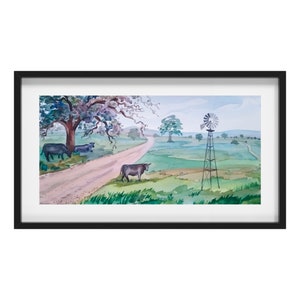 Original Texas Aquarell Malerei: Kühe in Wiese Landschaftsbild (23x43 cm)