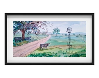 Texas Meadow Watercolor Painting: Cows in Central Texas Landscape