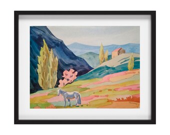 Original Aquarell Bild weißes Pferd: Bergwiese Landschaft (12x18)