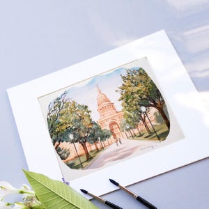 Original Texas State Capitol Watercolor Painting: Austin Landscape Art