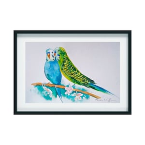 Parakeets Original Watercolor , Home Decor, Gift Artwork, size 9x12 inches