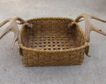 Handmade Reed Basket With Antler Spirit Carvings, Shed Mule Deer