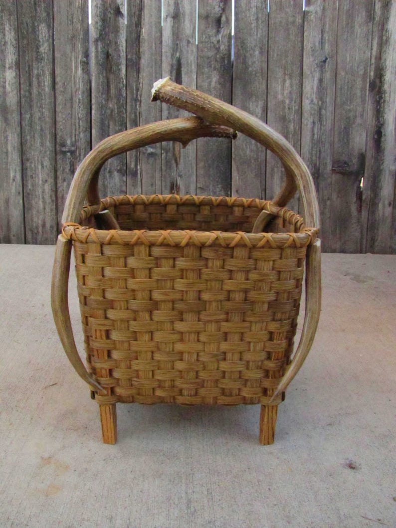 Handmade Reed Basket With Mule Deer Antler Handles, Wool Drying Basket