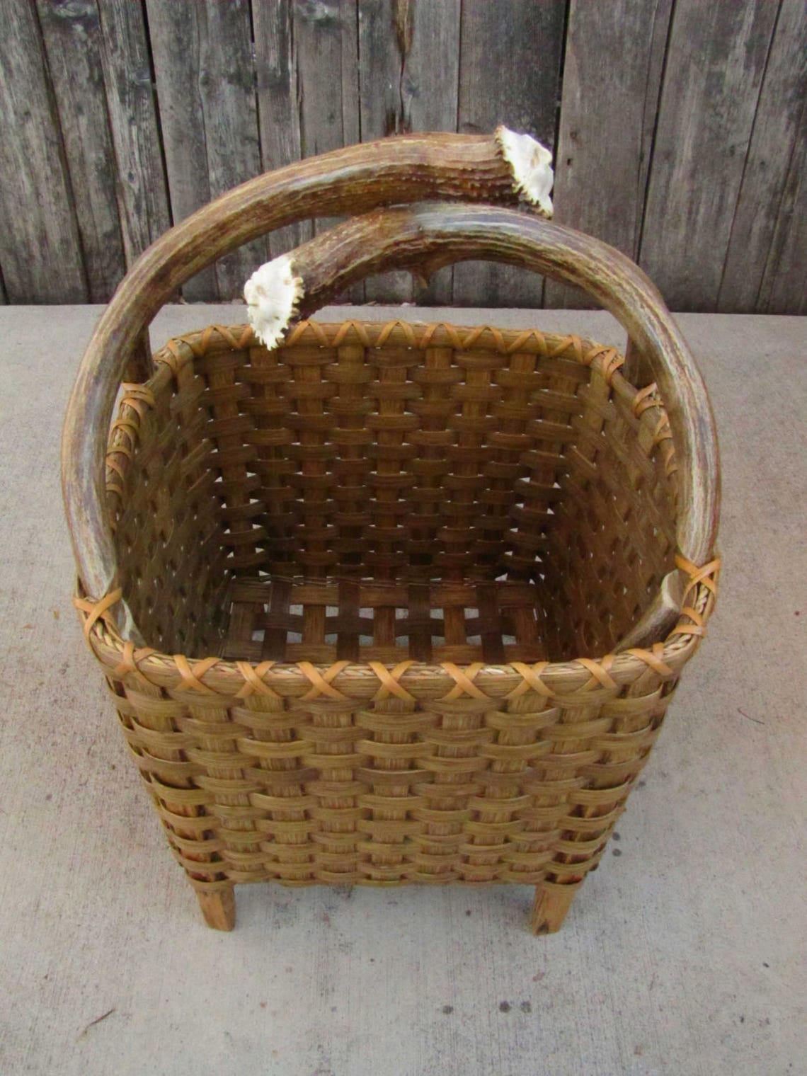 Handmade Reed Basket With Mule Deer Antler Handles, Wool Drying Basket