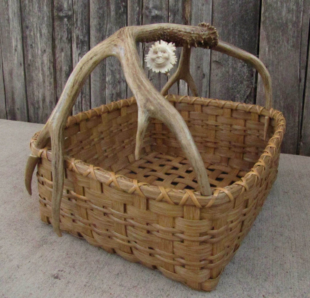Handmade Reed Basket With Antler Spirit Carvings, Shed Mule Deer
