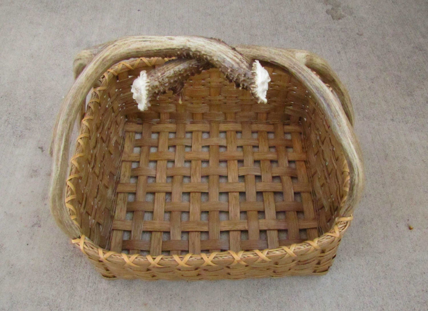 Handmade Reed Basket With Antler Spirit Carvings, Shed Mule Deer