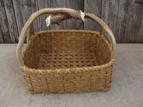 Handmade Reed Basket With Antler Spirit Carvings, Shed Mule Deer