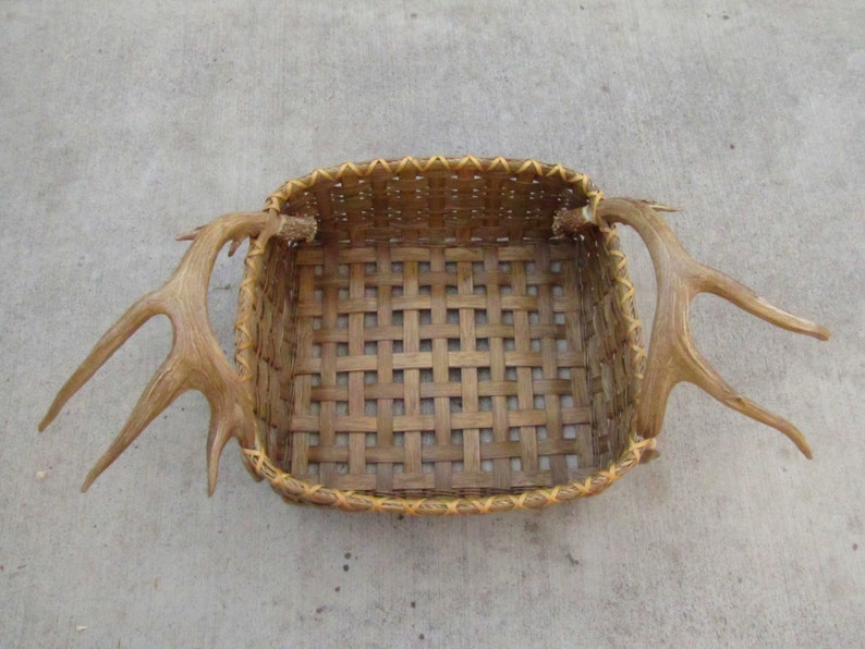 Handmade Reed Basket, Shed Mule Deer Antler Handled Newspaper Basket