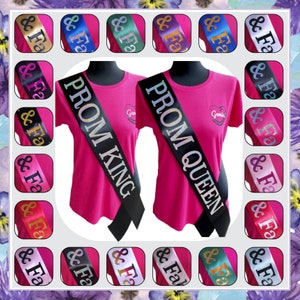 May include: Two black satin sashes with silver glitter text. One sash says "Prom King" and the other says "Prom Queen". The sashes are worn over pink t-shirts.