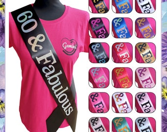 Faixa de aniversário 60 e fabulosa - Escolha sua cor - Faixa glitter 60 - Presente de aniversário de 60 anos - Homens Mulheres