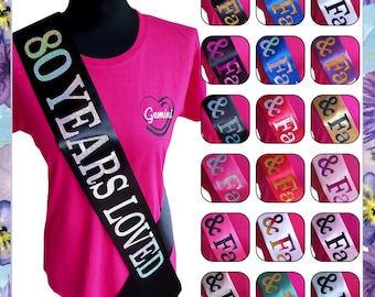 80 Years Loved Birthday Sash - 80 Glitter Sash - Choose Your Colour - Eightieth Birthday Gift