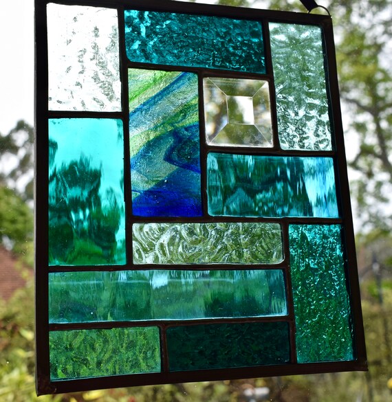 Stained Glass Panel Suncatcher in Turquoises With Bevel Etsy